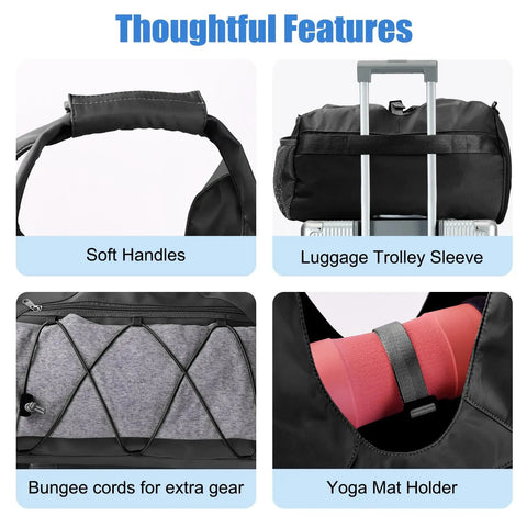 Women Gym Bag With Yoga Mat Holder And Shoe Compartment showcasing soft handles, luggage sleeve, bungee cords, and mat holder