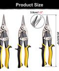 Aviation Tin Snips 3-Piece Go-To Pro-Grade Set For Straight Heavy-Duty Tin Cutting with measured dimensions and yellow handles.