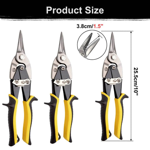 Aviation Tin Snips 3-Piece Go-To Pro-Grade Set For Straight Heavy-Duty Tin Cutting with measured dimensions and yellow handles.