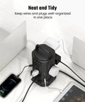 Power Strip Surge Protector Tower With 12 AC Outlets And 6 USB Ports Including 2 USB C, Cord Retracting Design, cables plugged in