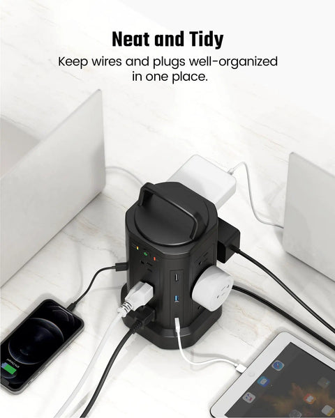 Power Strip Surge Protector Tower With 12 AC Outlets And 6 USB Ports Including 2 USB C, Cord Retracting Design, cables plugged in