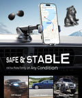 Car dashboard with phone in Fast Slick Wireless Car Charger With Auto Clamp And 15W Max Fast Charging Car Mount on display.