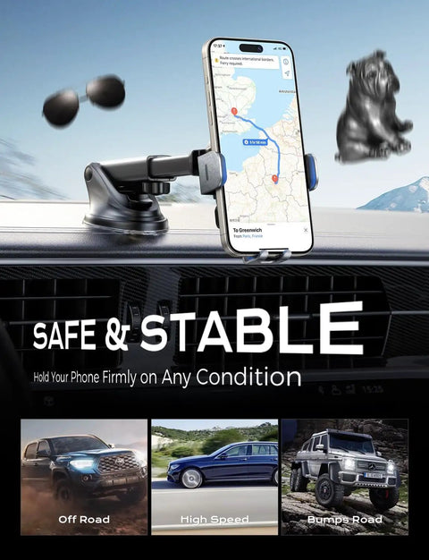 Car dashboard with phone in Fast Slick Wireless Car Charger With Auto Clamp And 15W Max Fast Charging Car Mount on display.