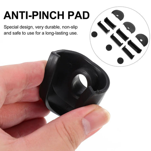 Close-up of 12 Pcs Mini Bench Vise Pads Non Slip Plastic Vise Pads for Workbench Clamps, shown in black with anti-pinch design.