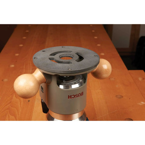 Heavy Duty CNC Milled Acetal Resin Router Baseplate Designed For Bosch 1617 Fixed Base Workshop Rigs Featuring Standard Bushings And Super Dead Simple Mount Kit on router.