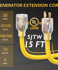 Close-up of Heavy Duty 30 Amp Generator Extension Cord L14 30P L14 30R 125 250V 7500W 10 AWG SJTW With Lighted Power Indicator 15 Ft