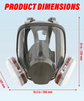 Front view of Full Face Reusable Respirator For Organic Vapors And Dust, with dimensions, compatible with particulate filters