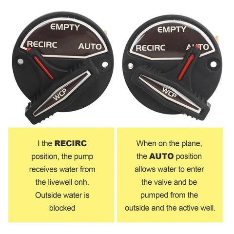 Valve Handle And Switch Actuator Replacement For Livewell Control On Ranger Boats Skeeter Bass Flat Boats Compatible With FlowRite Actuator System V3 Series Part 5900006 RK3 BW, showing recirc and auto positions