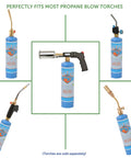 Two 1Lb Empty Propane Tanks for Torch Soldering and Welding with various torches, blue cylinders with caps and Allen keys