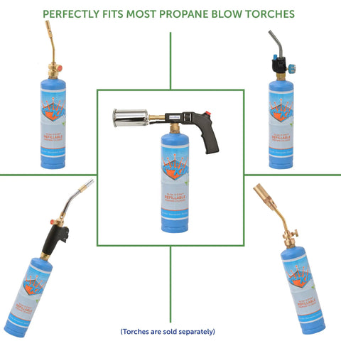 Two 1Lb Empty Propane Tanks for Torch Soldering and Welding with various torches, blue cylinders with caps and Allen keys