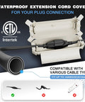 Open Three Pack Outdoor Extension Cord Safety Covers With Waterproof Seal and weatherproof box showing cable compatibility