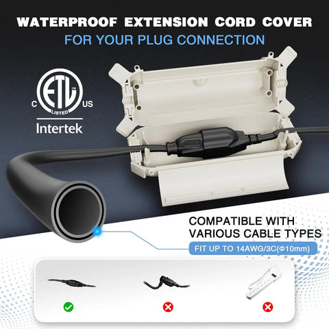 Open Three Pack Outdoor Extension Cord Safety Covers With Waterproof Seal and weatherproof box showing cable compatibility