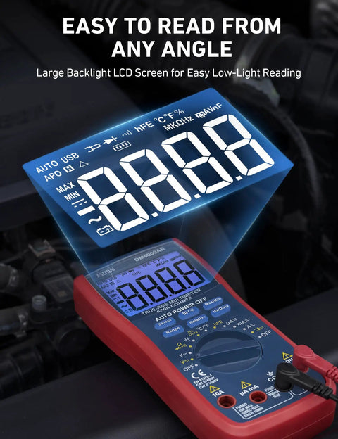 Digital Multimeter And Analyzer With TRMS 6000 Counts Auto Ranging Pro Grade with backlit display in use