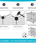 Assembly instructions for Wire Cube Storage Organizer Set Of 4 showing steps to connect, secure panels with a hammer and stack cubes.