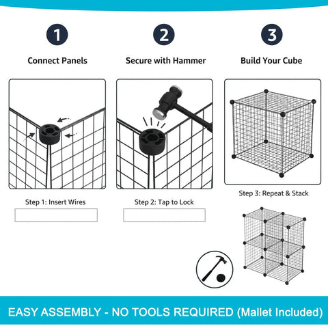 Assembly instructions for Wire Cube Storage Organizer Set Of 4 showing steps to connect, secure panels with a hammer and stack cubes.