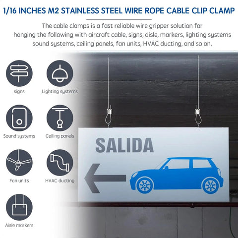 Hanging sign using 1/16 inches M2 stainless steel wire rope cable clip clamp for ceiling panels and signage systems.