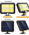 Powerful Solar Outdoor Lights With Motion Sensor And 240 Bright COB LEDs showing dimensions and adjustable angles
