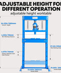 Front view of 20 Ton Hydraulic Shop Press With H Frame, Adjustable Height Table And Stamping Plates, heavy duty blue, dimensions labeled