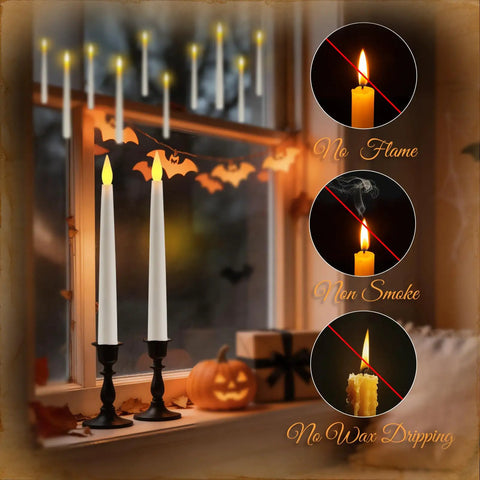Floating Battery Operated Taper Candles Pack, 6.5-Inch LED Flickering Flameless Tapers, 12-Pack Dripless Handheld Candles in window display