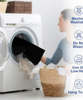 Person placing black Super Stretch Spandex Tablecloth For 6 Foot Tables Fitted Elastic Cover That Stays Put Washable Outdoor Patio Cloth into washing machine.