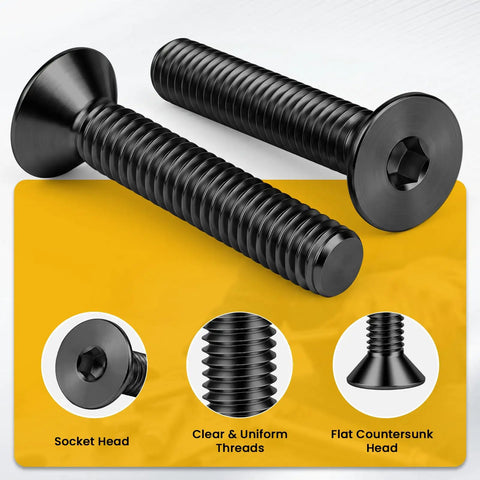Top Tier 1/4 20 X 1 Flat Head Socket Screws And Countersunk Bolts Built Hardcore From Premium Stainless Steel 18 8 304 With A Sleek Matte Black Finish, showing clear threads and flat head design.