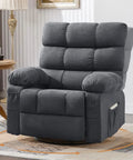 360 Degree Swivel Rocker Recliner for adults, compact black manual glider chair with side pockets in living room setting