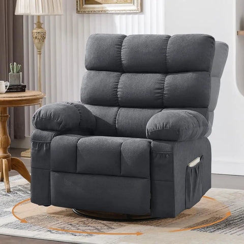 360 Degree Swivel Rocker Recliner for adults, compact black manual glider chair with side pockets in living room setting