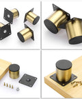 Heavy Duty Gold Stainless Steel Furniture Legs With Mounting Screws For Table Desk And Cabinet Upgrade Your Space With Hella Sturdy Replacement Feet That Deliver Top Shelf Quality And Easy Install Today - Set of four rounded gold cabinet legs with black bases.
