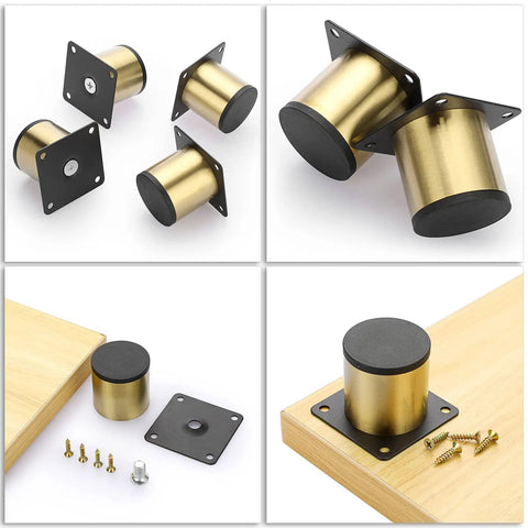 Heavy Duty Gold Stainless Steel Furniture Legs With Mounting Screws For Table Desk And Cabinet Upgrade Your Space With Hella Sturdy Replacement Feet That Deliver Top Shelf Quality And Easy Install Today - Set of four rounded gold cabinet legs with black bases.