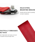 Close-up of solid steel mounting brackets and thick nylon weave, featuring Universal Heavy Duty Tow Strap For Car Truck And Suv Off Road Recovery Badass 4400 Pound Nylon Traction Rope With Secure Bumper Hook Red Racing Style Towing Rig Accessory That Moves Your Ride.