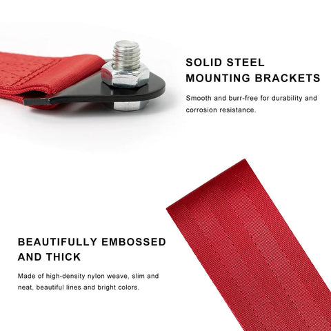 Close-up of solid steel mounting brackets and thick nylon weave, featuring Universal Heavy Duty Tow Strap For Car Truck And Suv Off Road Recovery Badass 4400 Pound Nylon Traction Rope With Secure Bumper Hook Red Racing Style Towing Rig Accessory That Moves Your Ride.