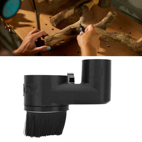 Attachable 52mm Particle Guard Boot for CNC Router Dust Collection shown with woodworking setup and brush attachment