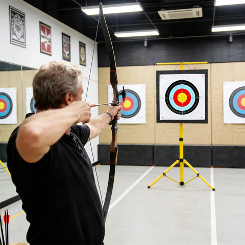 Backyard Archery Target Kit With High Density EVA Foam For Practice Arrow Stopping Cushion in use with bow indoors