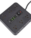 Flat Head Power Strip With 12 AC Outlets And 4 USB Ports, top view featuring green USB ports and power button.