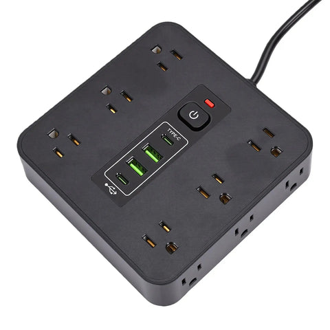 Flat Head Power Strip With 12 Ac Outlets And 4 Usb Ports, top view showing outlets and reset switch for home office use.
