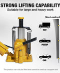 Front view of yellow low-profile hydraulic bottle jack with black lever handle and coiled springs