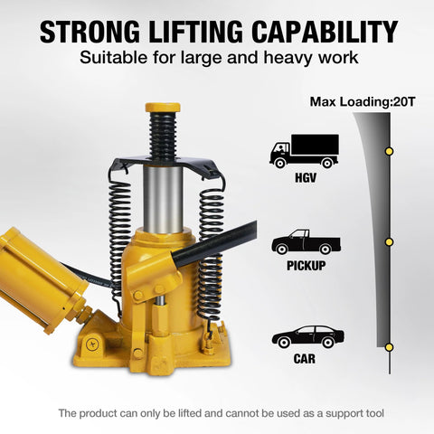 Front view of yellow low-profile hydraulic bottle jack with black lever handle and coiled springs