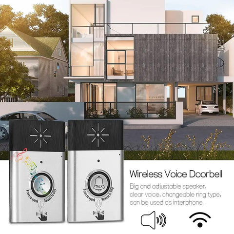 Wireless Intercom Doorbell with big speaker mounted outside a modern house, showcasing two way audio and easy setup.