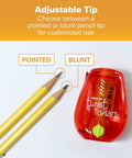 Curved Handheld Manual Pencil Sharpener Boasts A Smooth Ratchet Grip And Adjustable Dial To Transform Dull Points Into Deadly Sharp Edges With Zero Sweat A Legit Daily Driver For Students And Desk Work showing yellow pencils and sharpener with adjustable tip settings.