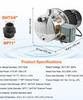Beefy Three Quarter HP SUS304 Stainless Shallow Well Jet Pump 115V 18.5 GPM 131 Ft Head for garden irrigation farm use high rise water supply shower booster