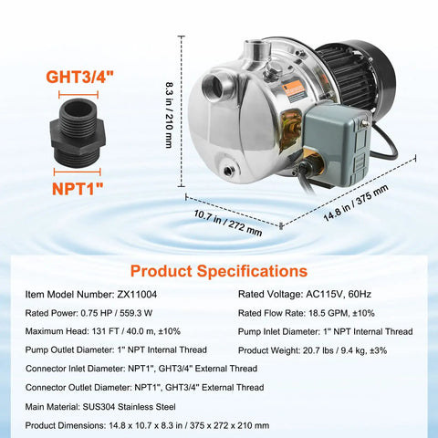 Beefy Three Quarter HP SUS304 Stainless Shallow Well Jet Pump 115V 18.5 GPM 131 Ft Head for garden irrigation farm use high rise water supply shower booster