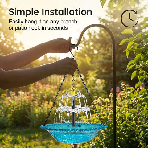 Sun Powered Hanging Bird Bath Fountain With Glass Bowl Cascade Solar Pump No Wiring Outdoor Water Feature For Garden