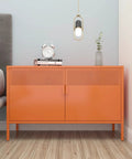 Orange Metal Storage Cabinet With Adjustable Shelves, 2 Door Locker for home office, showing steel doors and magnetic latches