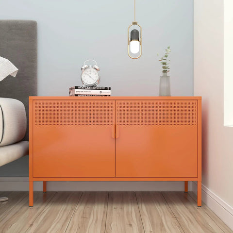 Orange Metal Storage Cabinet With Adjustable Shelves, 2 Door Locker for home office, showing steel doors and magnetic latches