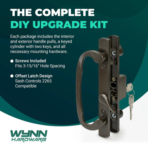 Premium Bronze Sliding Patio Glass Door Handle Set With Offset Latch And Keyed Lock Sash Control Eight Point Five Inch Escutcheon detailed view.