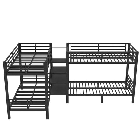 Twin L Shaped Metal Bunk Bed With Storage Shelves And Safety Guardrail Space Saving Black Finish Kid Friendly Space Saver
