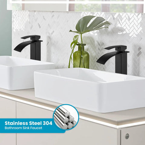 Waterfall Tall Bathroom Faucet With 1 Hole Single Handle 304 Stainless Steel Vessel Sink Faucet Matte Black in modern bathroom.