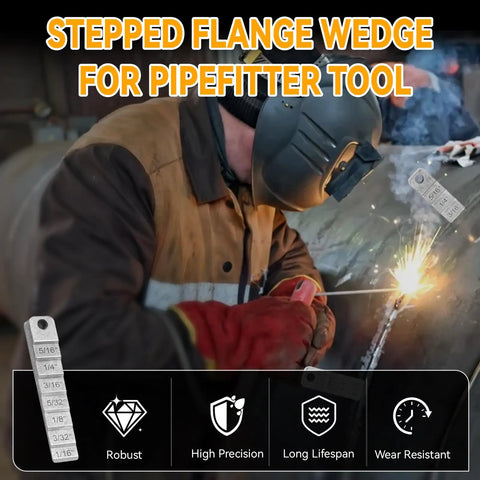 Three Quarter Inch By Four Inch Welding Wedge Set With Seven Level Step Gauge For Precise Pipe Gap Spacing Reproducible Weld Bead Gaps And Tight Tolerances In Pipe Fittings For Pro Welds. Welder using stainless steel stepped wedge for pipe gap spacing.