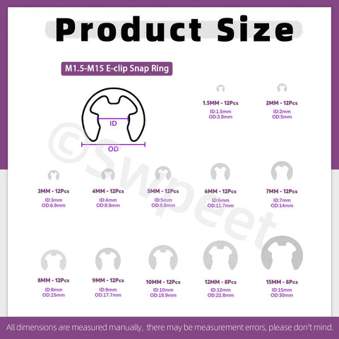 Product size chart for 236 Piece 304 Stainless Steel E Clips And Internal Tooth Lock Washers Kit With Tweezers For Gear Repair
