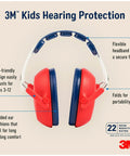 Kids Hearing Protection With Adjustable Headband, 22 dB NRR, red earmuffs, flexible headband, padded ear cushions, age 3-12
